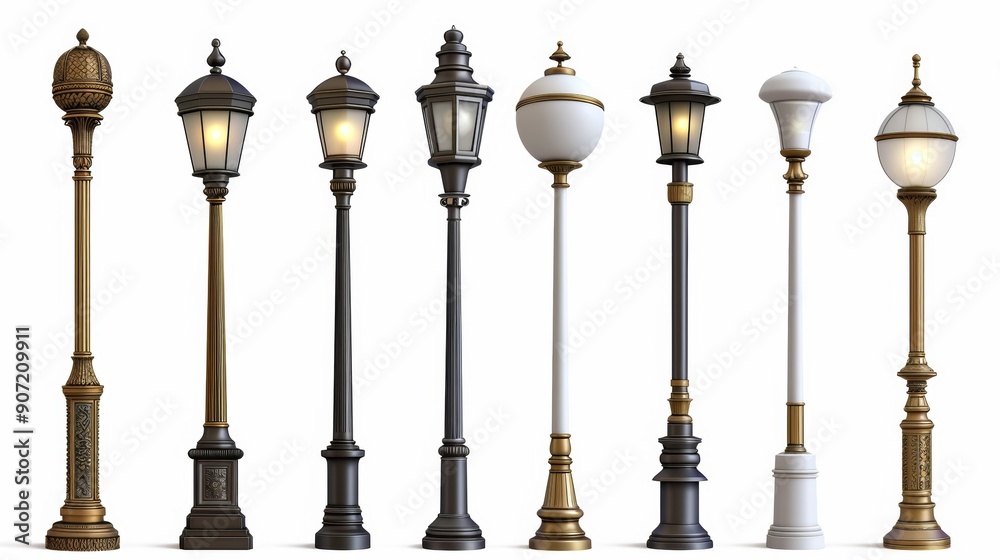 A row of street lamps with different styles and colors A row of street lamps with different styles and colors