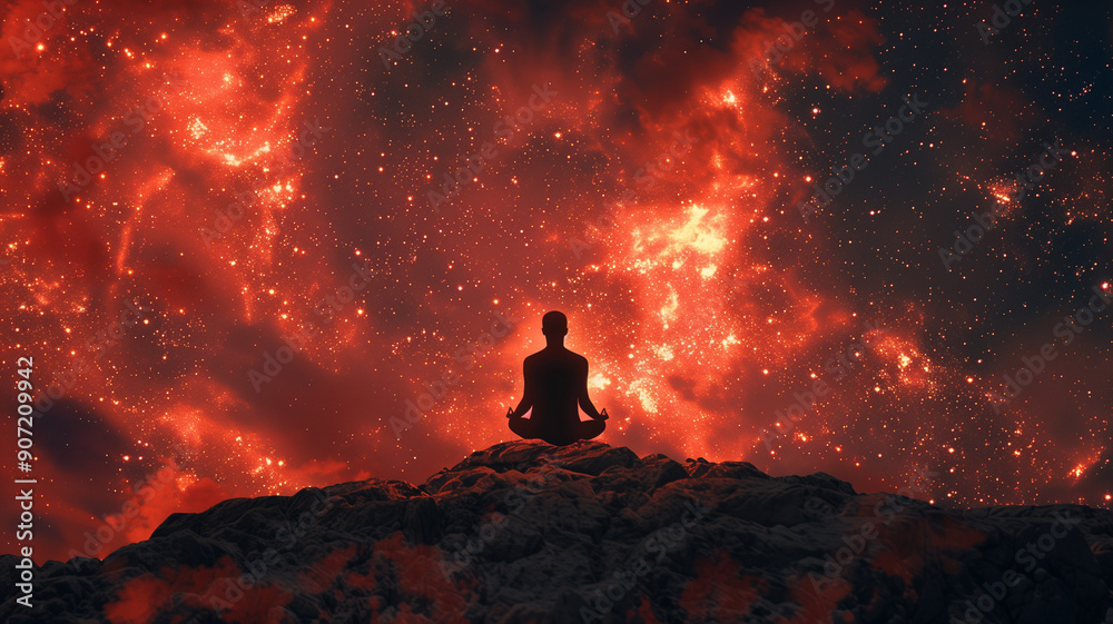 Silhouette of a person in meditative lotus position with cosmic background, Mind and spirituality Silhouette of a person in meditative lotus position with cosmic background, Mind and spirituality