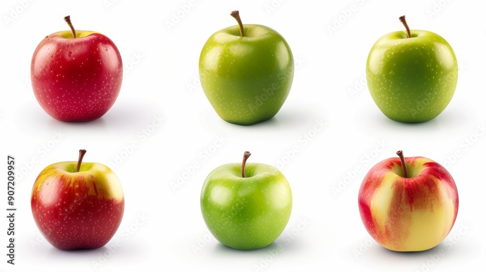 A row of six apples, three of which are green and three of which are red A row of six apples, three of which are green and three of which are red