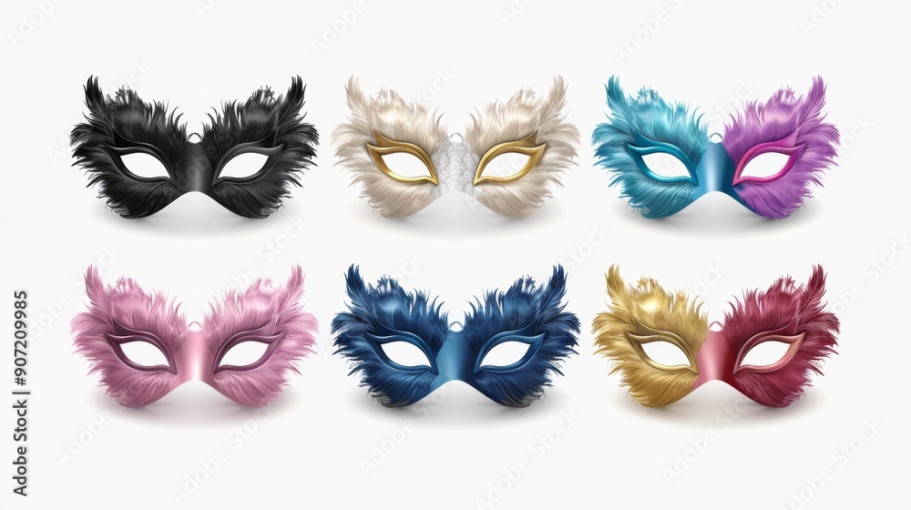 A set of colorful feathery masks, each with a different color and design A set of colorful feathery masks, each with a different color and design