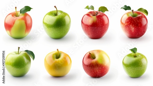 A row of apples with one green, one yellow, and one red