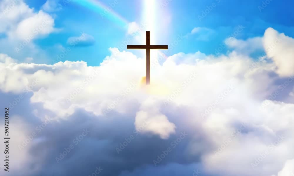A majestic wooden cross, glowing softly, floats high in the fluffy, white clouds against a brilliant blue sky A majestic wooden cross, glowing softly, floats high in the fluffy, white clouds against a brilliant blue sky