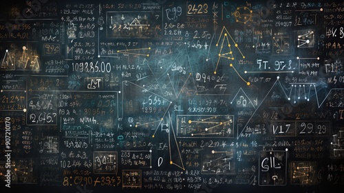Mathematical Equations and Diagrams on a Chalkboard