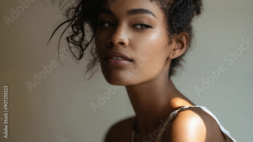 Model posing in a natural light studio, 16:9, 300 dpi, with space for text