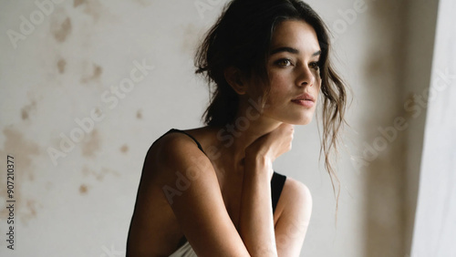 Model posing in a natural light studio, 16:9, 300 dpi, with space for text