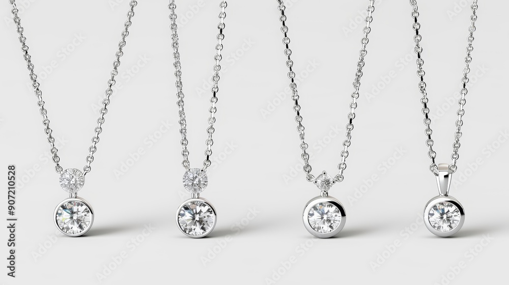 Fototapeta premium Four necklaces with a diamond pendant are shown