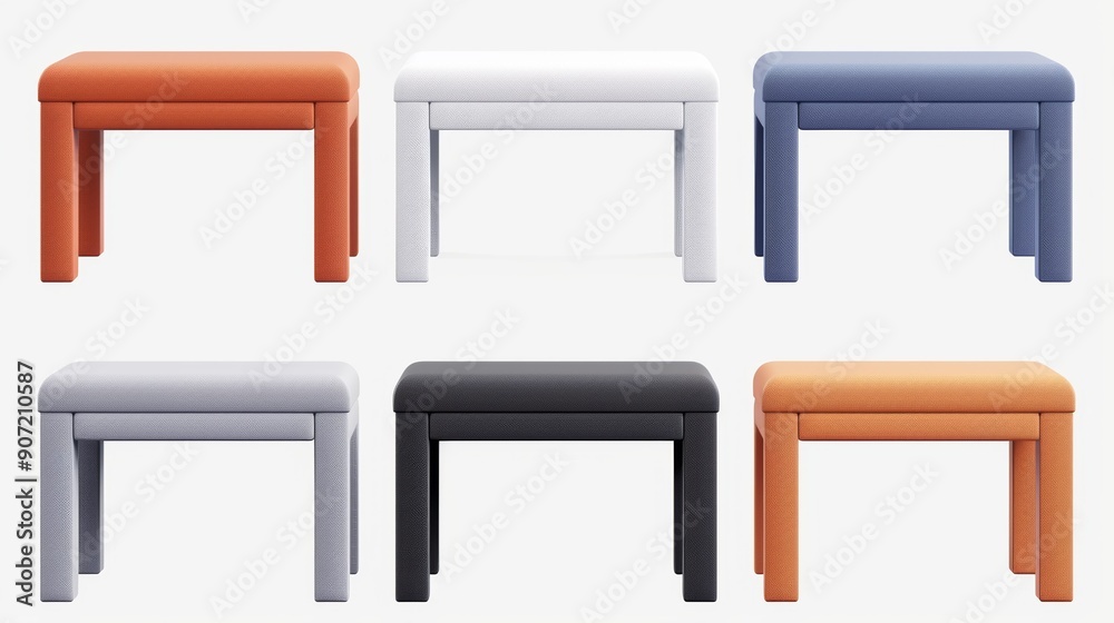 A row of six different colored benches, each with a different color and design A row of six different colored benches, each with a different color and design