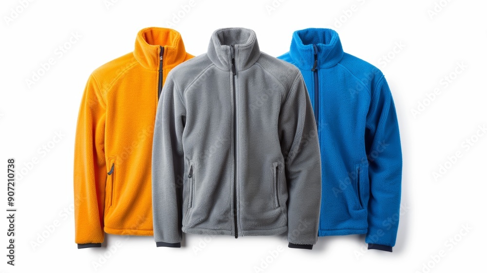Three jackets of different colors are displayed on a white background