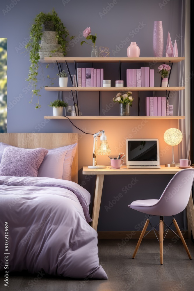 Fototapeta premium Dreamy sanctuary - design of teenager children's room in pastel colours, featuring bedroom that exudes cosiness, comfort, beauty, creativity, creating inviting, imaginative space little ones to enjoy.