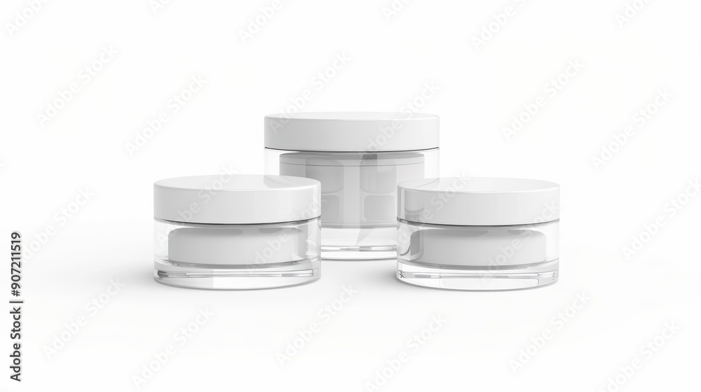 Three clear containers with white lids sit on a white background Three clear containers with white lids sit on a white background