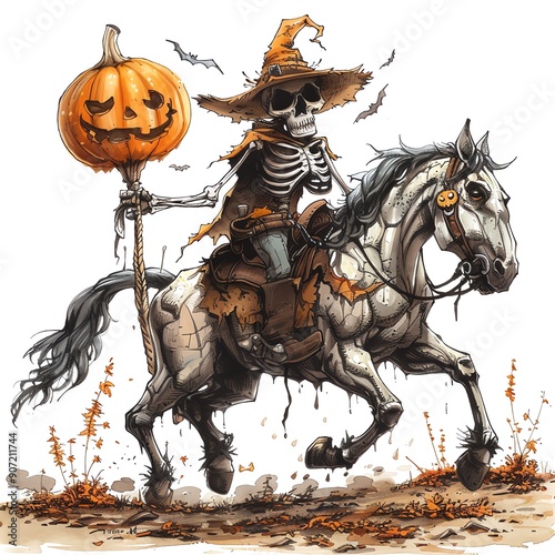 Spooky skeleton rider holding a pumpkin lantern on a majestic horse. Halloween-themed eerie illustration with autumn elements. photo