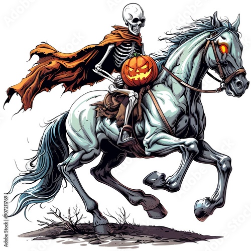 Skeleton riding a ghostly horse with a jack-o'-lantern head, cloaked in a flowing cape, portraying a spooky Halloween scene with vivid details. photo