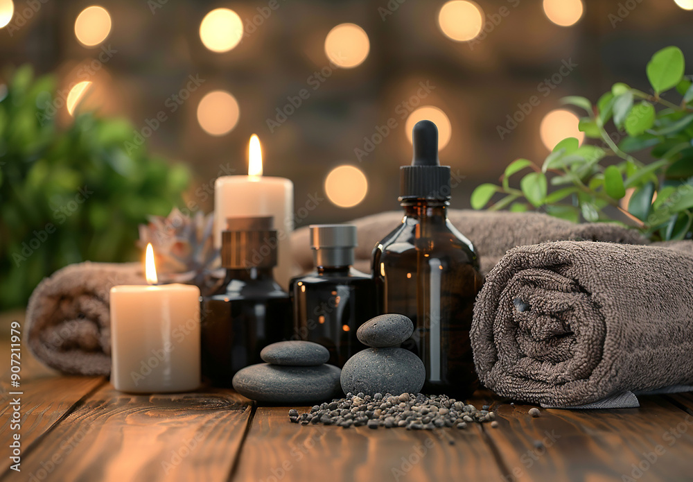Beautiful composition with different spa products on table against blurred lights, closeup Beautiful composition with different spa products on table against blurred lights, closeup
