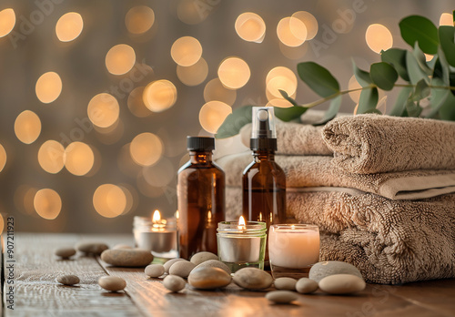 Beautiful composition with different spa products on table against blurred lights, closeup