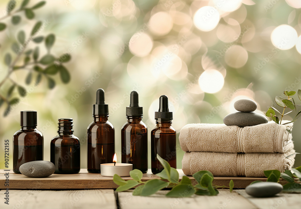 Beautiful composition with different spa products on table against blurred lights, closeup Beautiful composition with different spa products on table against blurred lights, closeup