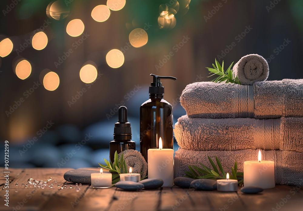 Beautiful composition with different spa products on table against blurred lights, closeup Beautiful composition with different spa products on table against blurred lights, closeup
