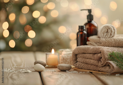 Beautiful composition with different spa products on table against blurred lights, closeup