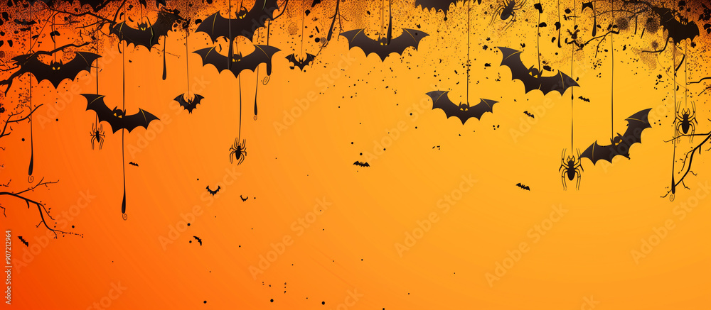 Halloween with bats and spiders on orange background Halloween with bats and spiders on orange background