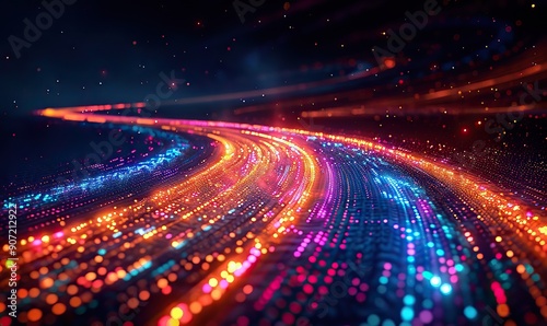 Curved neon light trails against a dark background illustrate the concept of rapid data transfers and fast-paced digital communication in a technological landscape.