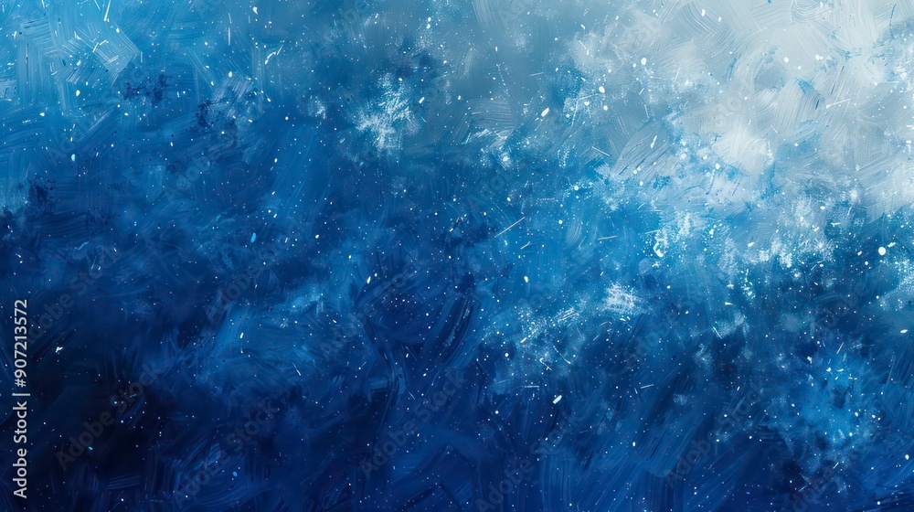 A close-up abstract painting with blue, white and glitter, resembling a starry night sky.