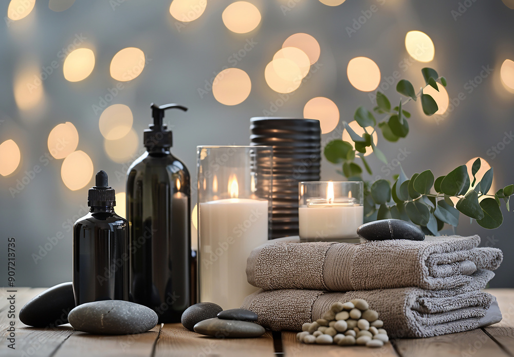 Beautiful composition with different spa products on table against blurred lights, closeup Beautiful composition with different spa products on table against blurred lights, closeup