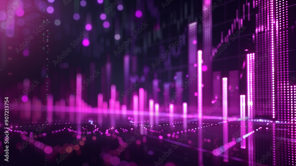 Purple bar digital graph of the stock market on a dark background