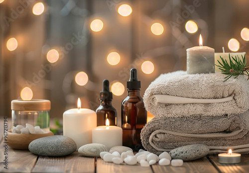 Beautiful composition with different spa products on table against blurred lights, closeup