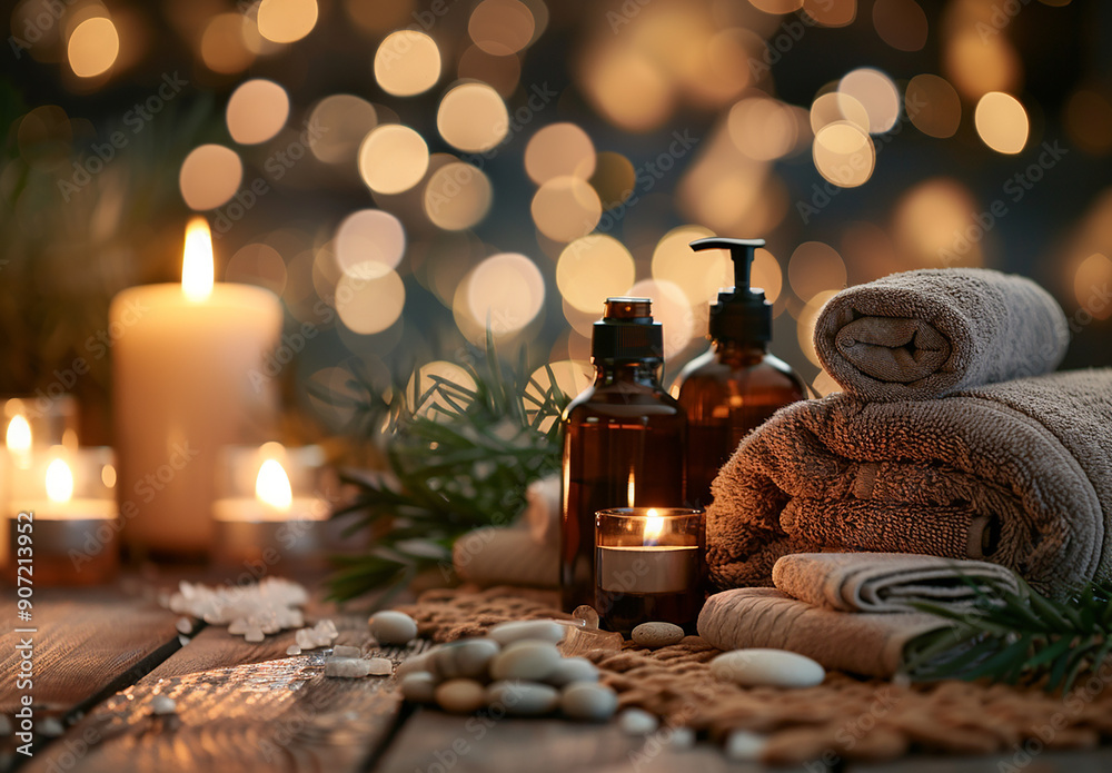 Beautiful composition with different spa products on table against blurred lights, closeup Beautiful composition with different spa products on table against blurred lights, closeup