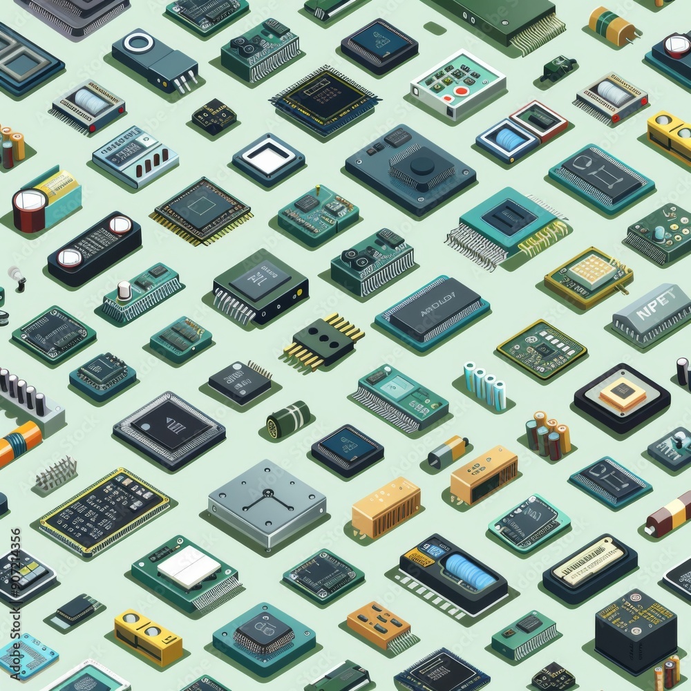 Seamless Vector Pattern of Isometric Electronic Components: A Technical Illustration Featuring Capacitors, Resistors, Diodes, Transistors, Inductors, and Microchips. Seamless Vector Pattern of Isometric Electronic Components: A Technical Illustration Featuring Capacitors, Resistors, Diodes, Transistors, Inductors, and Microchips.
