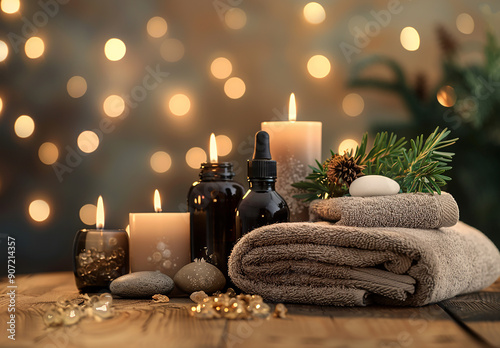 Beautiful composition with different spa products on table against blurred lights, closeup