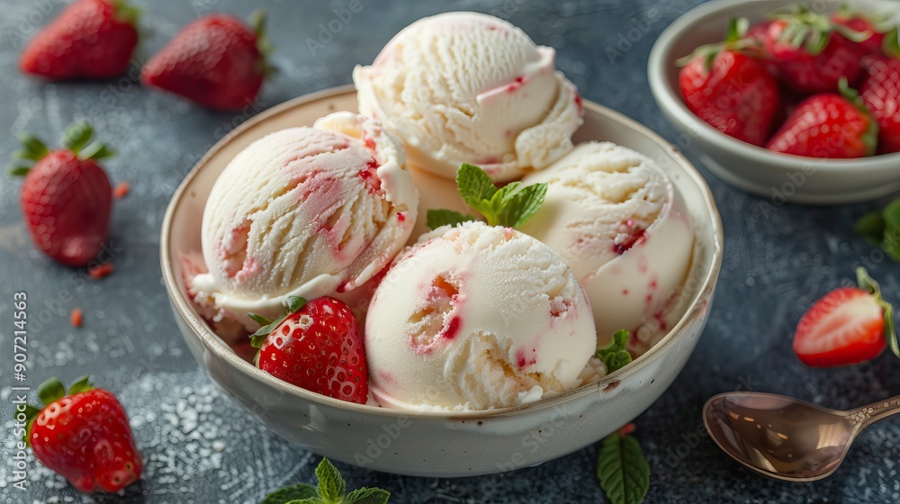 delicious dessert strawberry pink vanilla ice cream scoops