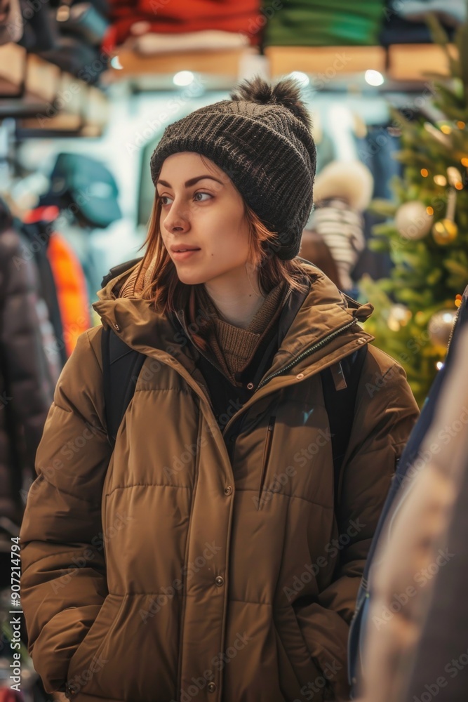A woman stands near a decorated Christmas tree with presents and ornaments A woman stands near a decorated Christmas tree with presents and ornaments