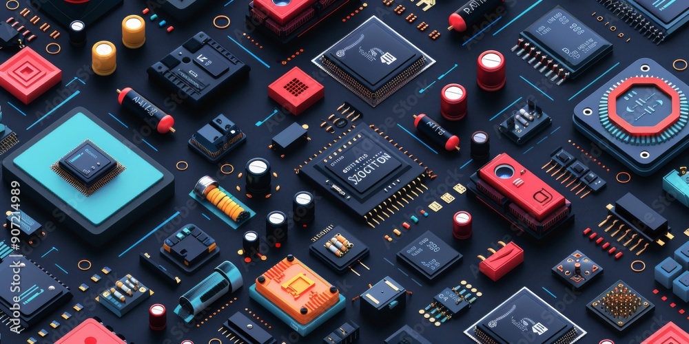 Seamless Vector Pattern of Isometric Electronic Components: A Technical Illustration Featuring Capacitors, Resistors, Diodes, Transistors, Inductors, and Microchips. Seamless Vector Pattern of Isometric Electronic Components: A Technical Illustration Featuring Capacitors, Resistors, Diodes, Transistors, Inductors, and Microchips.