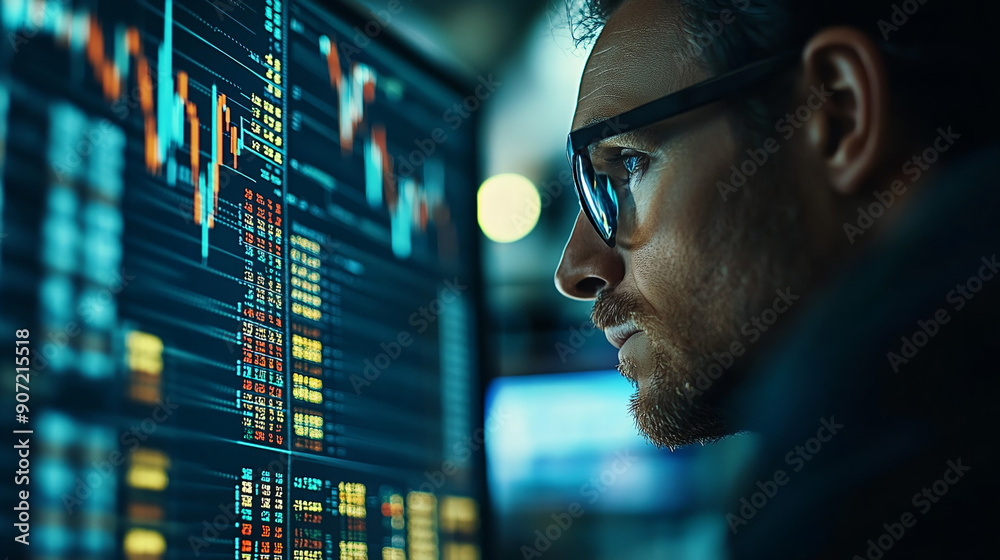 Man wearing glasses looks at computer screen showing stock market data. Generative AI