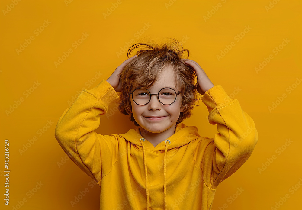 Portrait of a little curly boy in glasses on a bright green background. Little scientist, inventor, researcher, physicist, mathematician Portrait of a little curly boy in glasses on a bright green background. Little scientist, inventor, researcher, physicist, mathematician