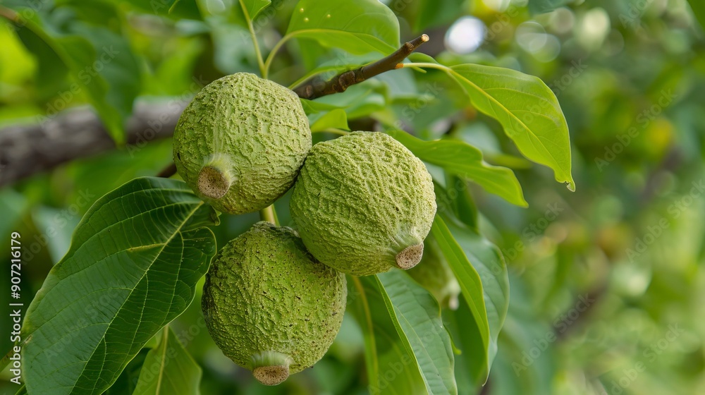 Fototapeta premium Green walnut growing on a tree 