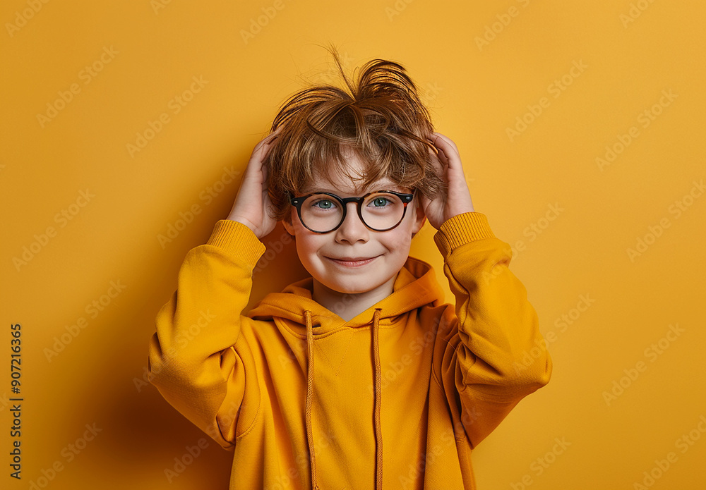 Portrait of a little curly boy in glasses on a bright green background. Little scientist, inventor, researcher, physicist, mathematician Portrait of a little curly boy in glasses on a bright green background. Little scientist, inventor, researcher, physicist, mathematician