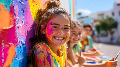 happy LGBTQ teens painting a mural on a school wall vibrant color