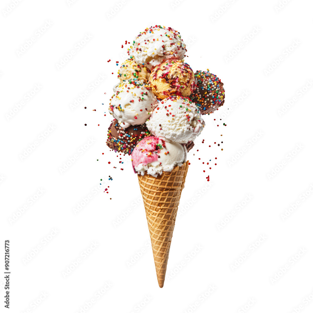 Ice Cream Cone With Floating Scoops And Toppings On Transparent Png Background For Creative Ice Cream Advertisements . Generative ai