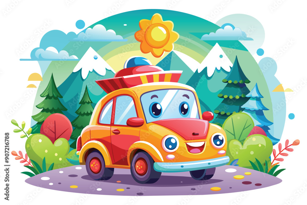 Fototapeta premium A Cartoon Car Smiling and Driving Through a Mountainous Landscape