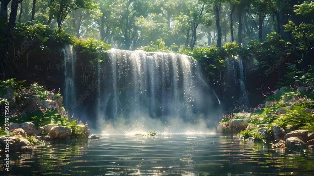 Serene Waterfall Cascading Through Lush Forestscape,Tranquil Nature Escape Serene Waterfall Cascading Through Lush Forestscape,Tranquil Nature Escape
