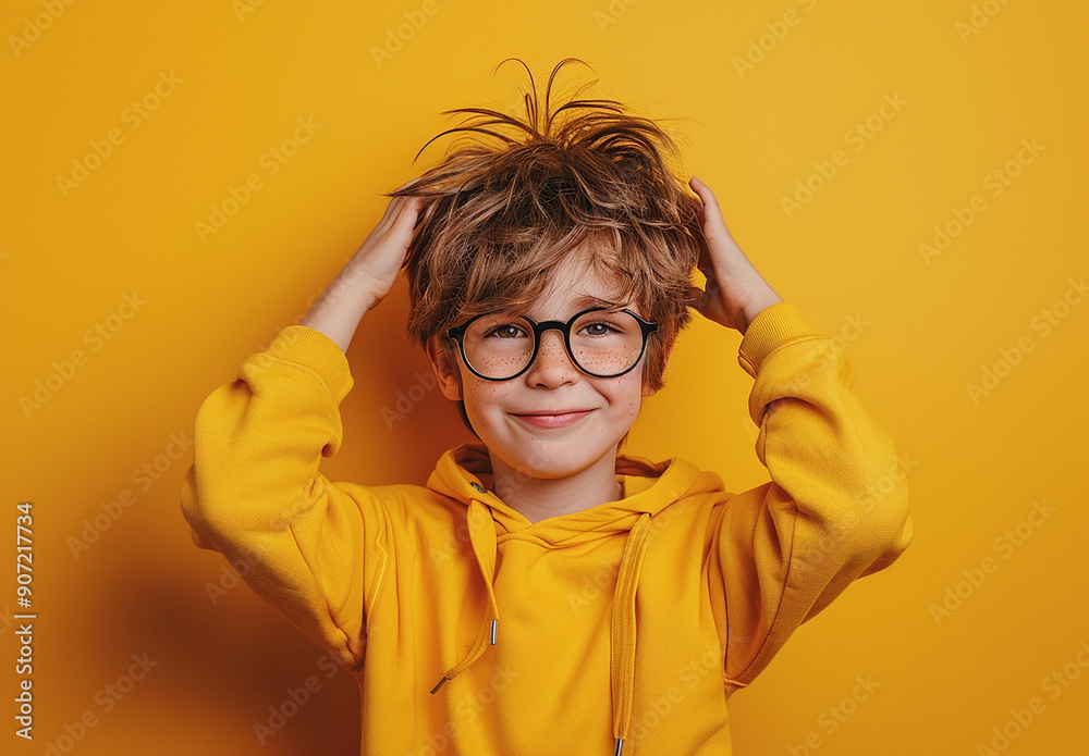 Portrait of a little curly boy in glasses on a bright green background. Little scientist, inventor, researcher, physicist, mathematician Portrait of a little curly boy in glasses on a bright green background. Little scientist, inventor, researcher, physicist, mathematician