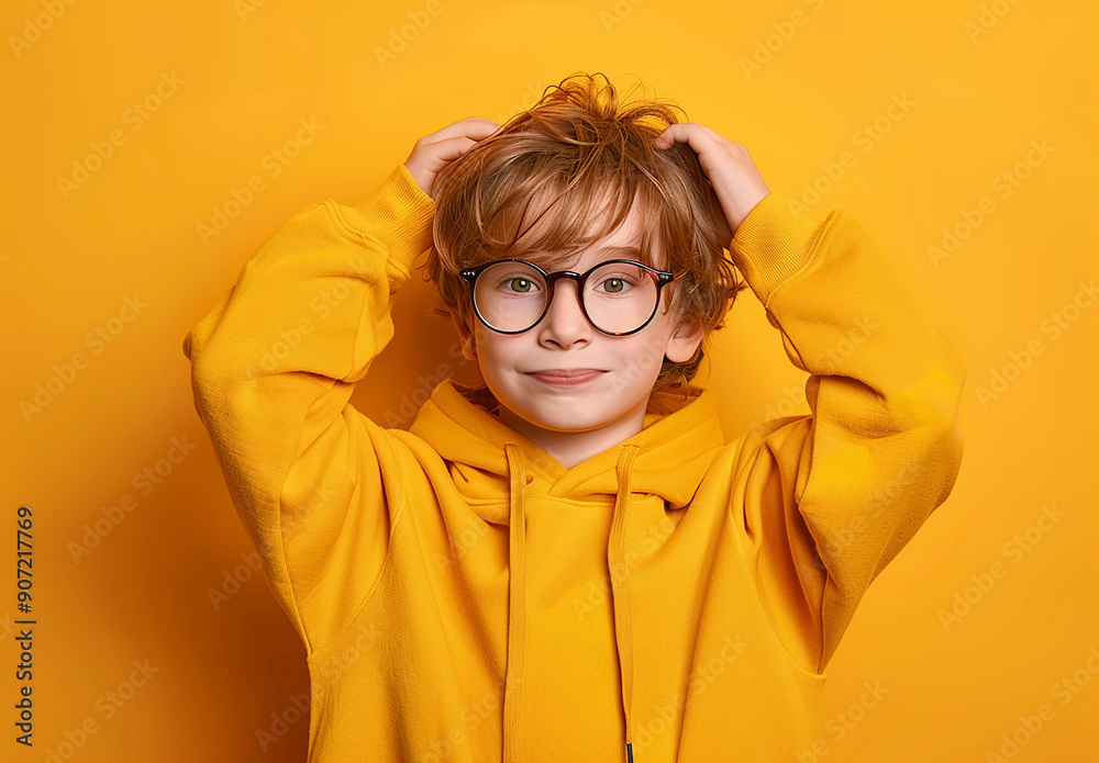Portrait of a little curly boy in glasses on a bright green background. Little scientist, inventor, researcher, physicist, mathematician Portrait of a little curly boy in glasses on a bright green background. Little scientist, inventor, researcher, physicist, mathematician