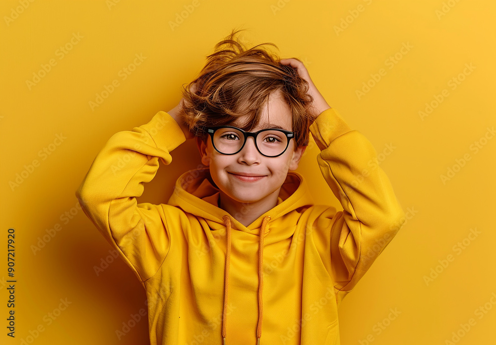 Portrait of a little curly boy in glasses on a bright green background. Little scientist, inventor, researcher, physicist, mathematician Portrait of a little curly boy in glasses on a bright green background. Little scientist, inventor, researcher, physicist, mathematician
