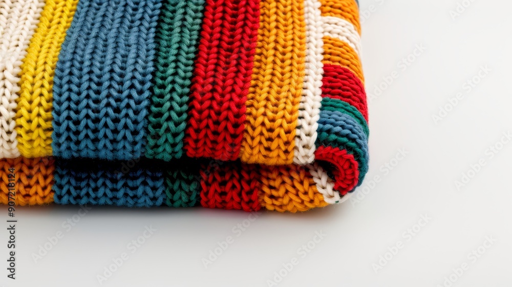 High-quality image of a knitted blanket with colorful stripes, isolated on a simple background, offering plenty of space for advertising copy High-quality image of a knitted blanket with colorful stripes, isolated on a simple background, offering plenty of space for advertising copy