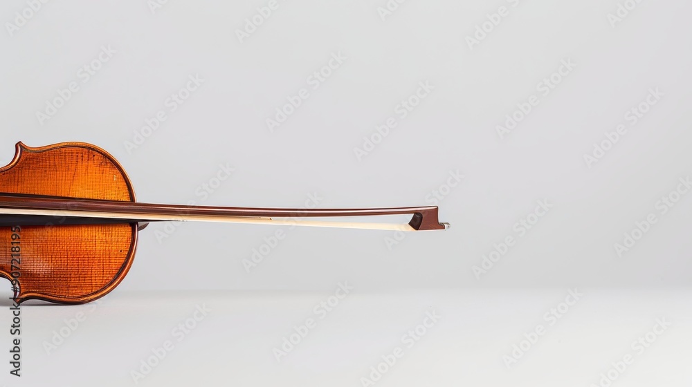 High-quality polished wooden violin bow, isolated against a plain background, perfect for promotional use with plenty of copy space High-quality polished wooden violin bow, isolated against a plain background, perfect for promotional use with plenty of copy space