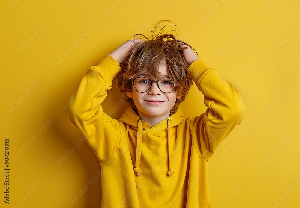 Portrait of a little curly boy in glasses on a bright green background. Little scientist, inventor, researcher, physicist, mathematician Portrait of a little curly boy in glasses on a bright green background. Little scientist, inventor, researcher, physicist, mathematician