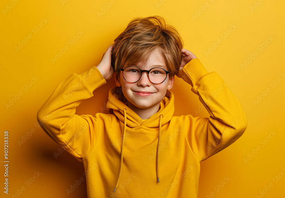 Portrait of a little curly boy in glasses on a bright green background. Little scientist, inventor, researcher, physicist, mathematician Portrait of a little curly boy in glasses on a bright green background. Little scientist, inventor, researcher, physicist, mathematician