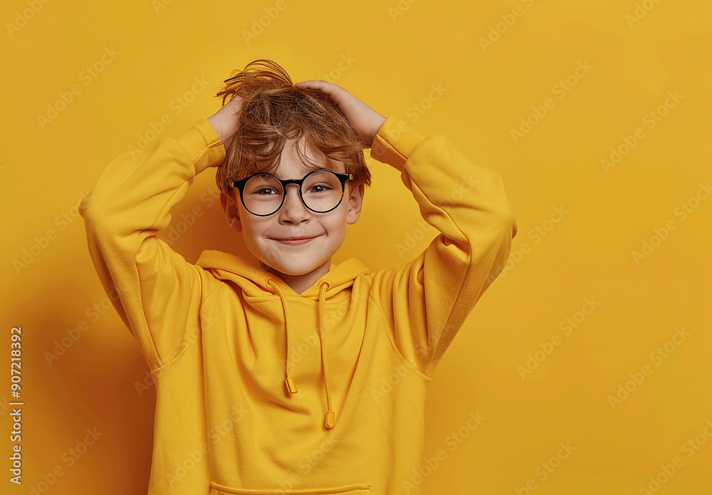 Portrait of a little curly boy in glasses on a bright green background. Little scientist, inventor, researcher, physicist, mathematician Portrait of a little curly boy in glasses on a bright green background. Little scientist, inventor, researcher, physicist, mathematician