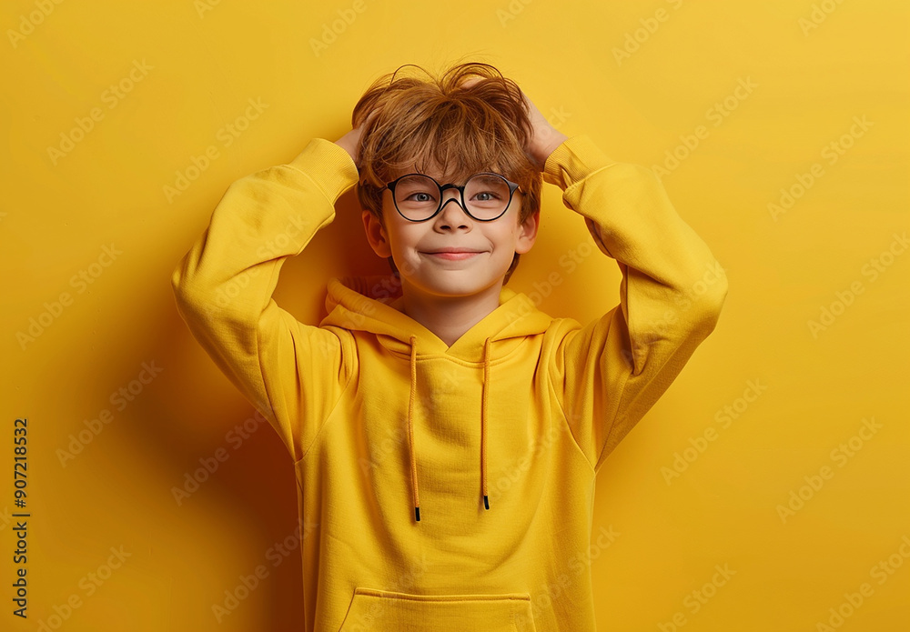 Portrait of a little curly boy in glasses on a bright green background. Little scientist, inventor, researcher, physicist, mathematician Portrait of a little curly boy in glasses on a bright green background. Little scientist, inventor, researcher, physicist, mathematician